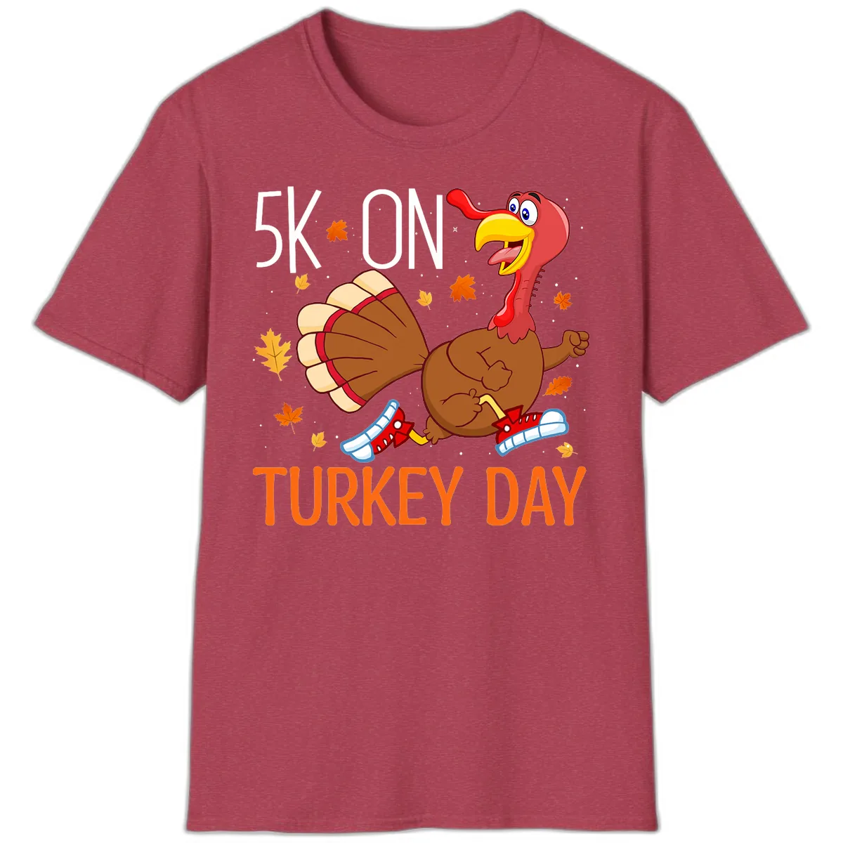 5k On Turkey Day Running Turkey T-Shirt in Heather Cardinal
