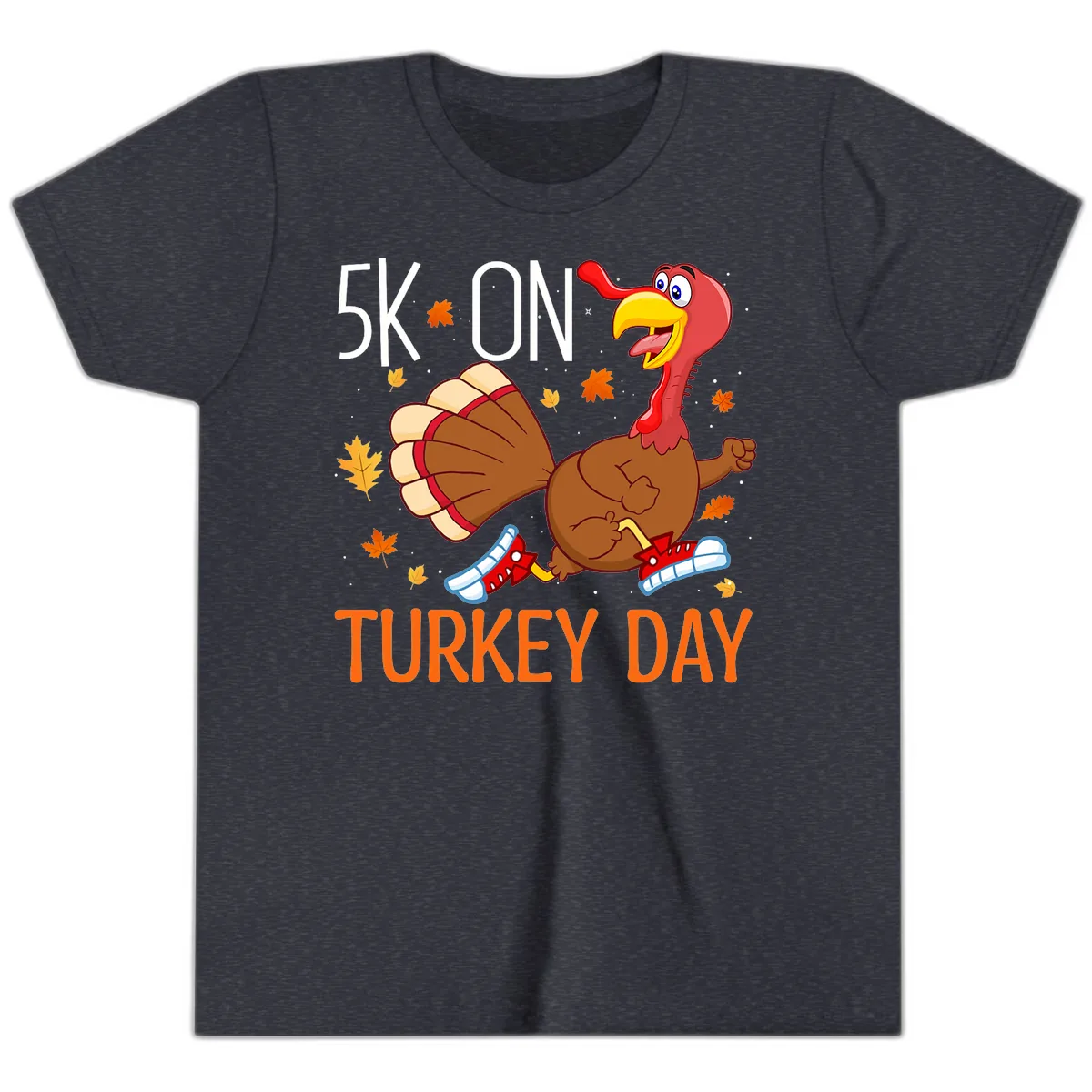 5k On Turkey Day Running Turkey Youth T-Shirt in Heather Navy