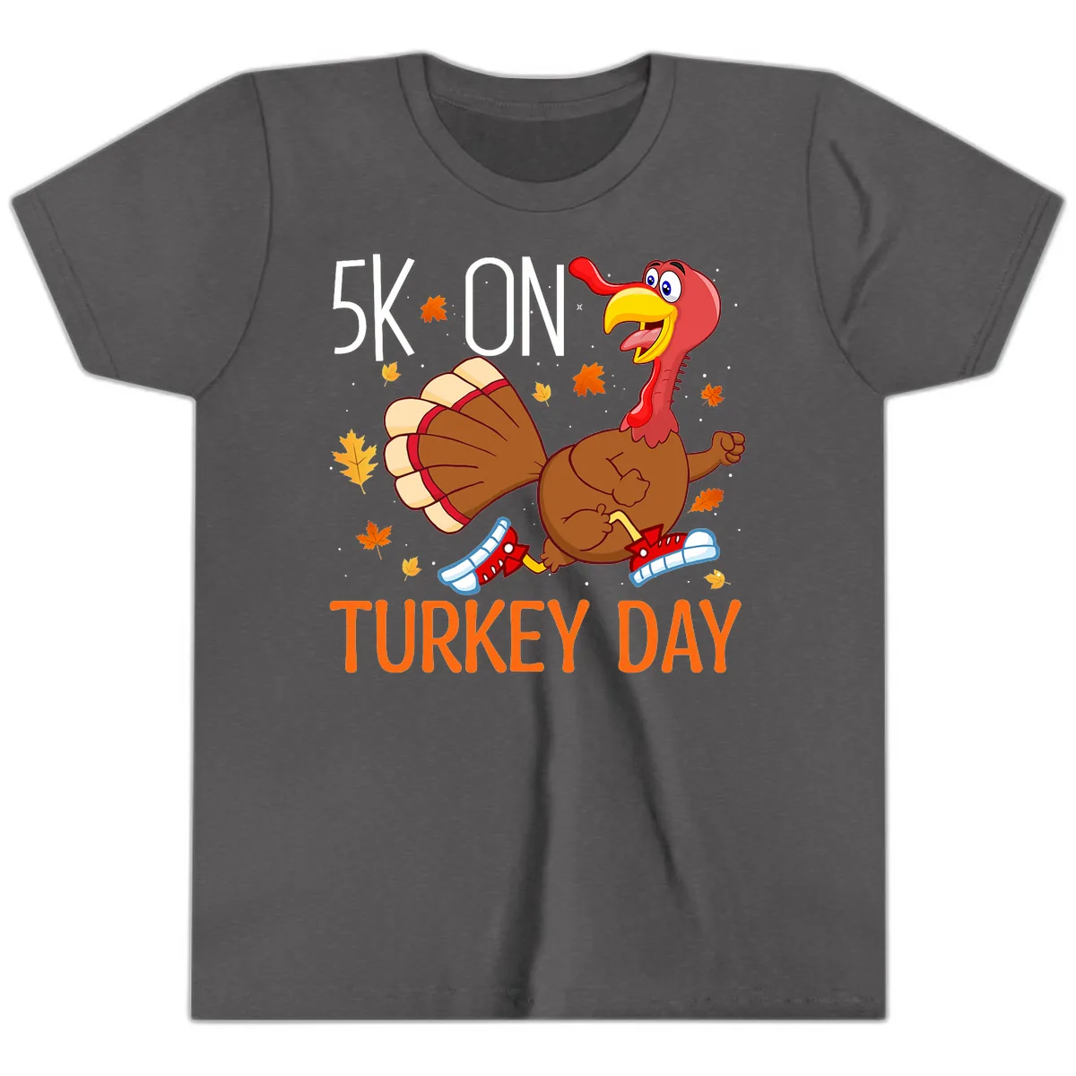 5k On Turkey Day Running Turkey Youth T-Shirt in Dark Heather Grey