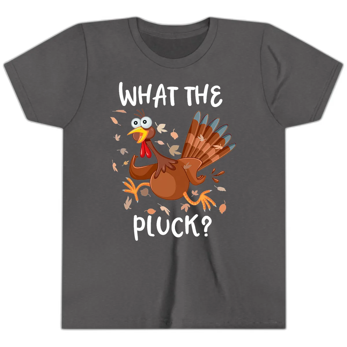 Funny Turkey What The Pluck Thanksgiving Youth T-Shirt in Dark Heather Grey