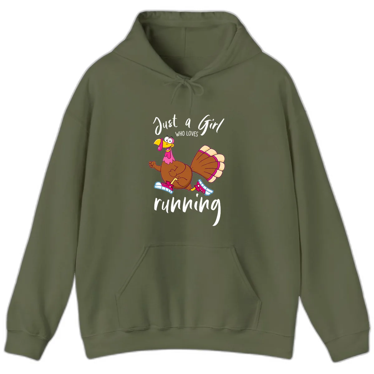 Just A Girl Who Loves Running Turkey Hoodie in Military Green