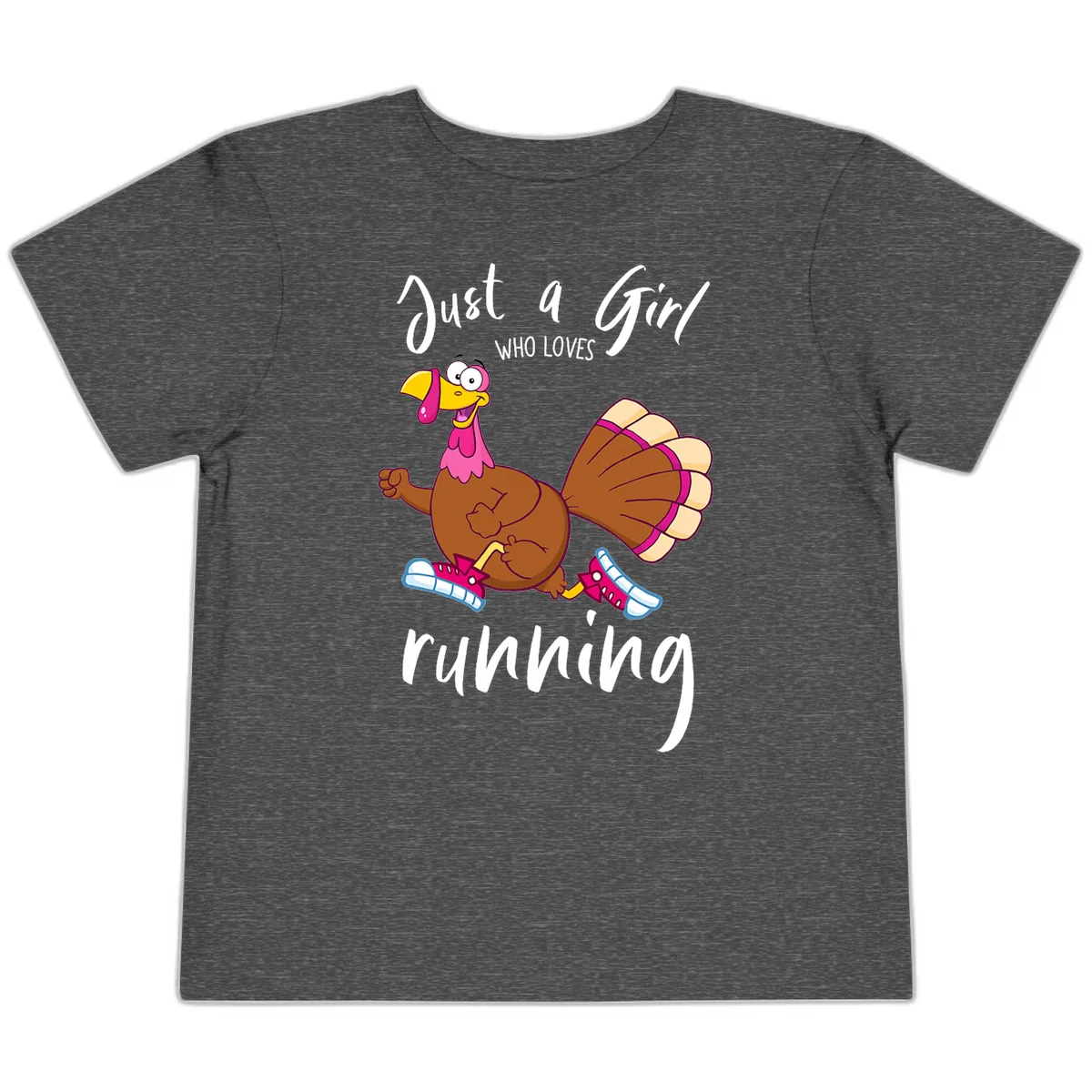 Just A Girl Who Loves Running Turkey Toddler T-Shirt in Dark Heather Grey