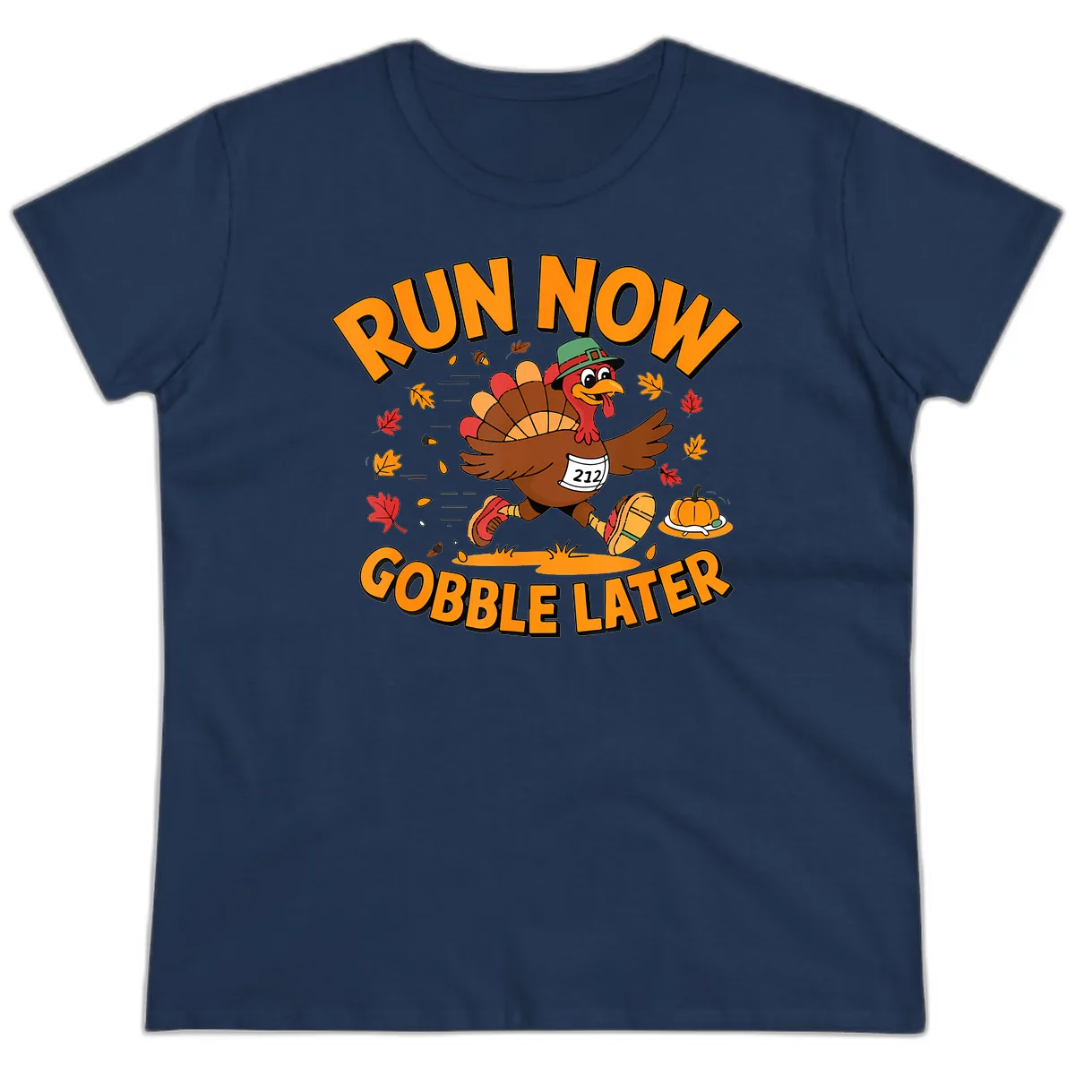 Run Now Gobble Later Turkey Trot Ladies Tee in Navy