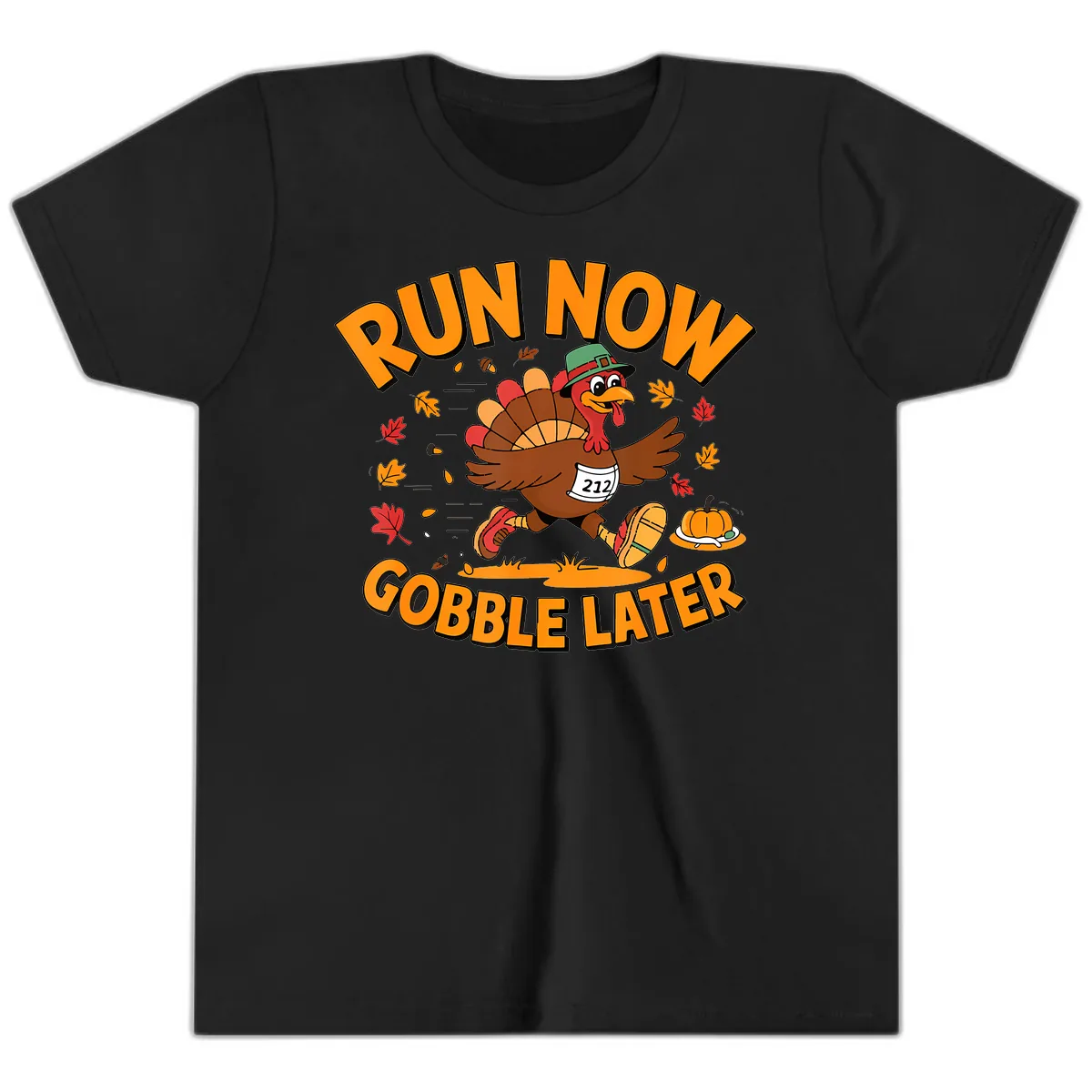 Run Now Gobble Later Turkey Trot Youth T-Shirt in Black