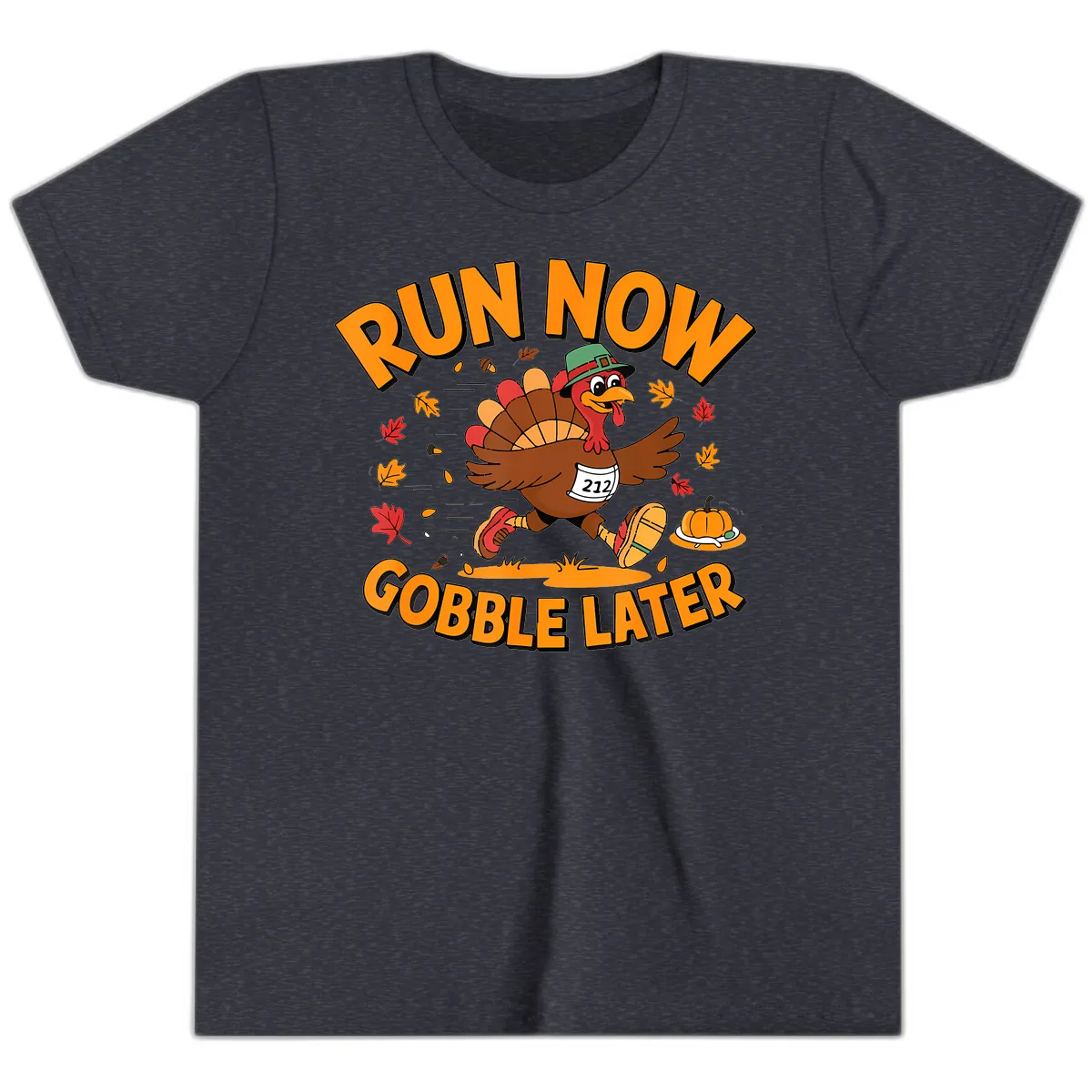 Run Now Gobble Later Turkey Trot Youth T-Shirt in Heather Navy
