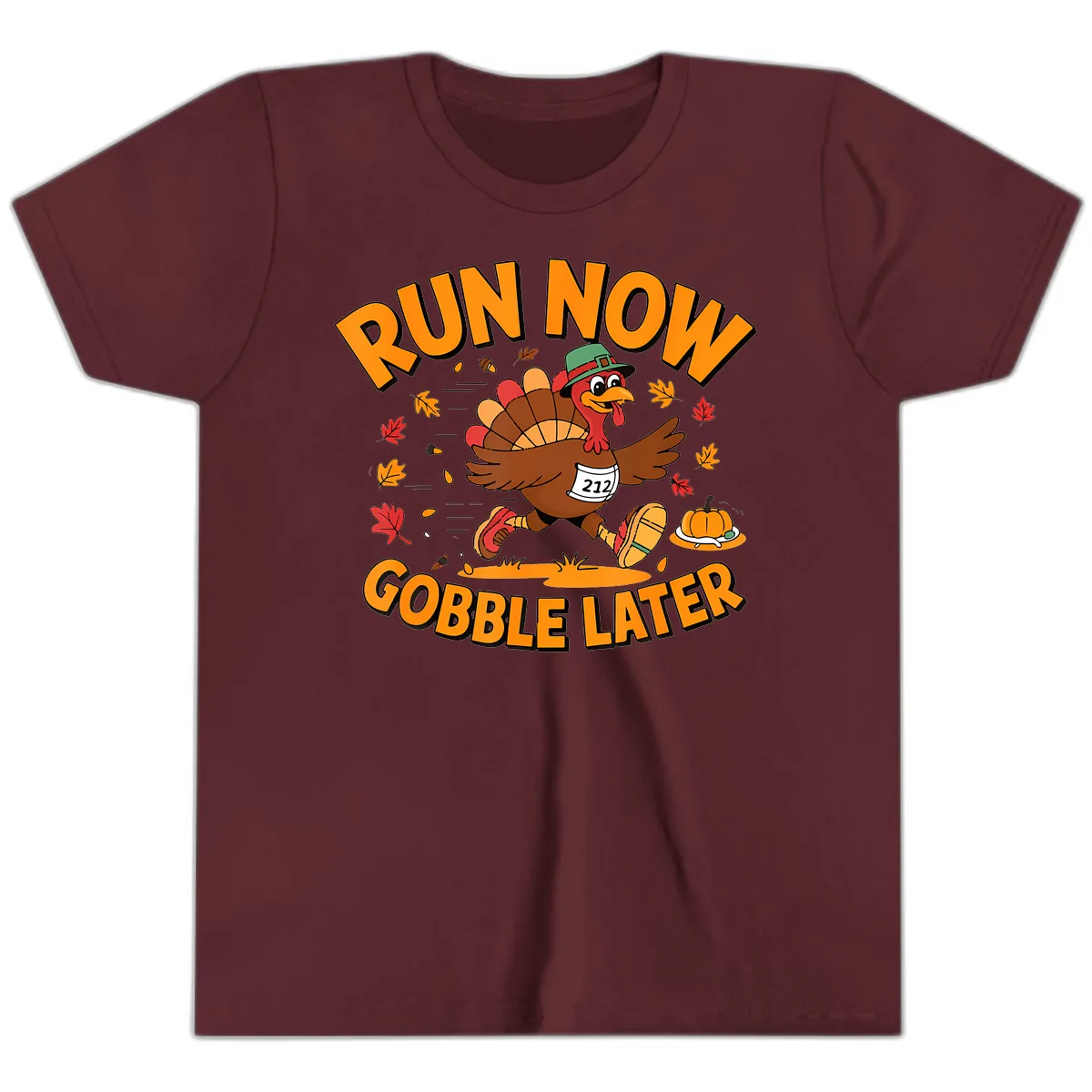 Run Now Gobble Later Turkey Trot Youth T-Shirt in Maroon