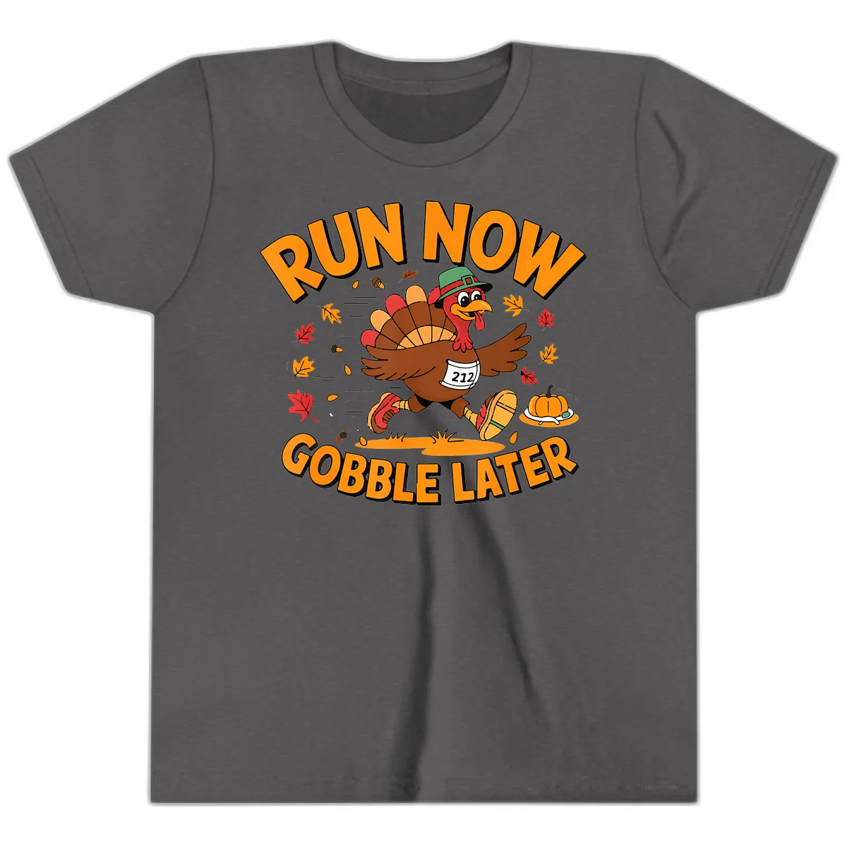 Run Now Gobble Later Turkey Trot Youth T-Shirt in Dark Heather Grey