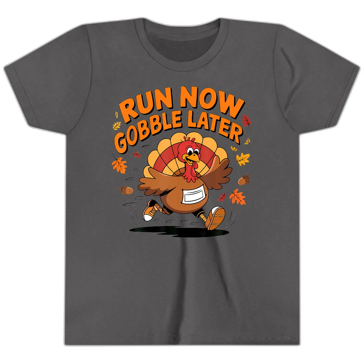 Run Now Gobble Later Turkey Trot Youth T-Shirt in Dark Heather Grey
