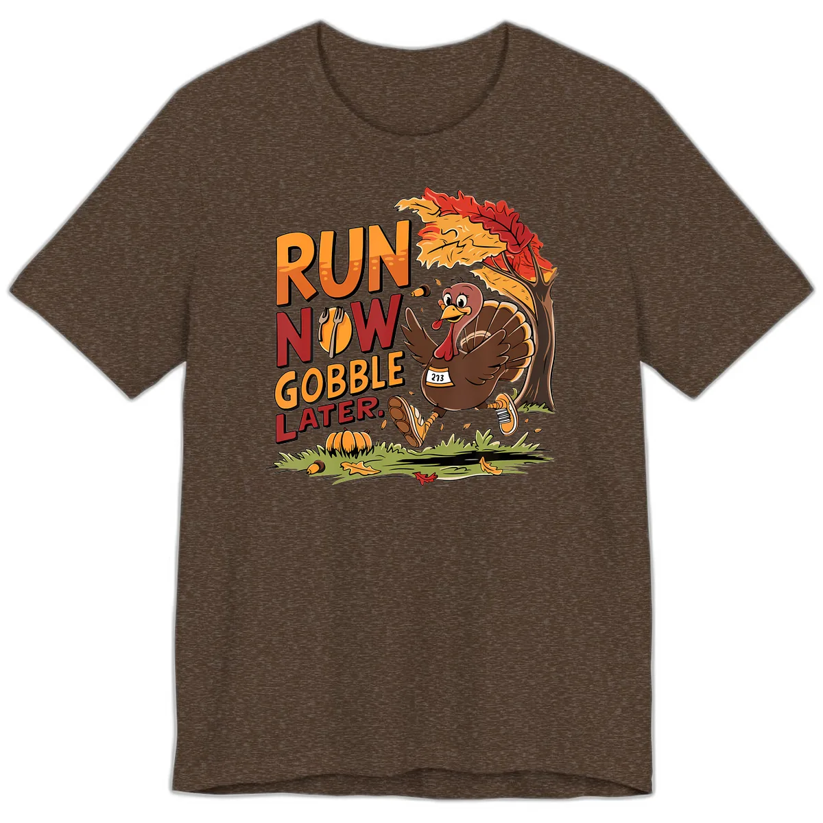 Run Now Gobble Later Turkey Trot Premium T-Shirt in Heather Brown