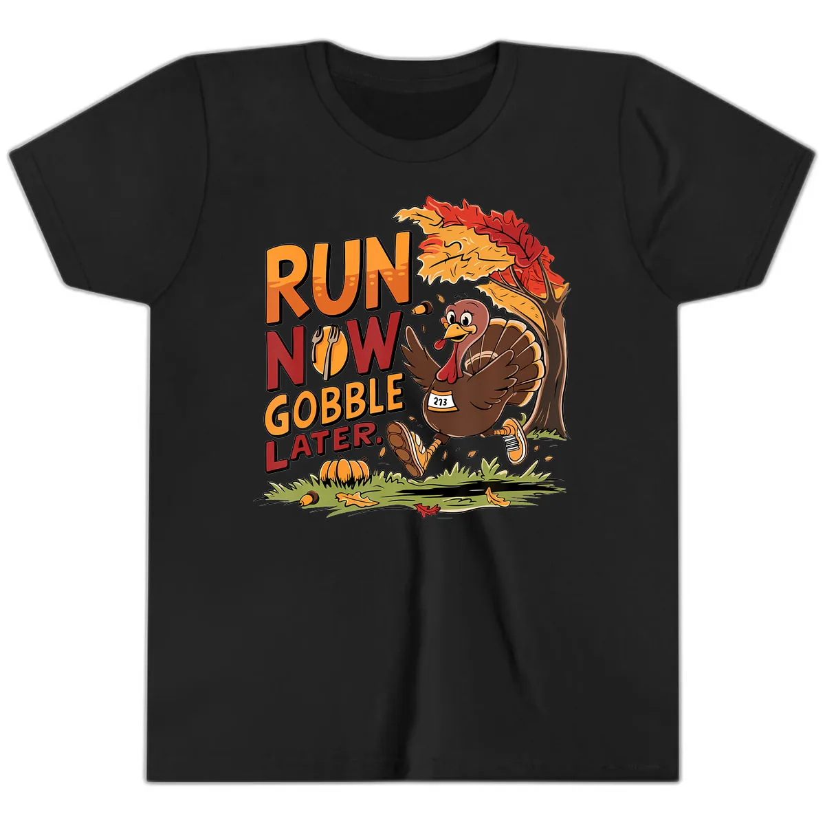 Run Now Gobble Later Turkey Trot Youth T-Shirt in Black