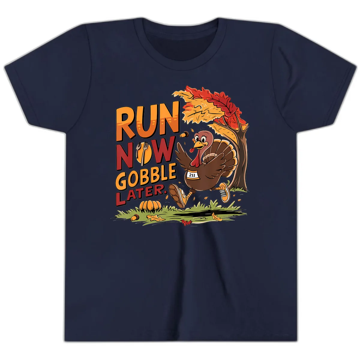 Run Now Gobble Later Turkey Trot Youth T-Shirt in Navy