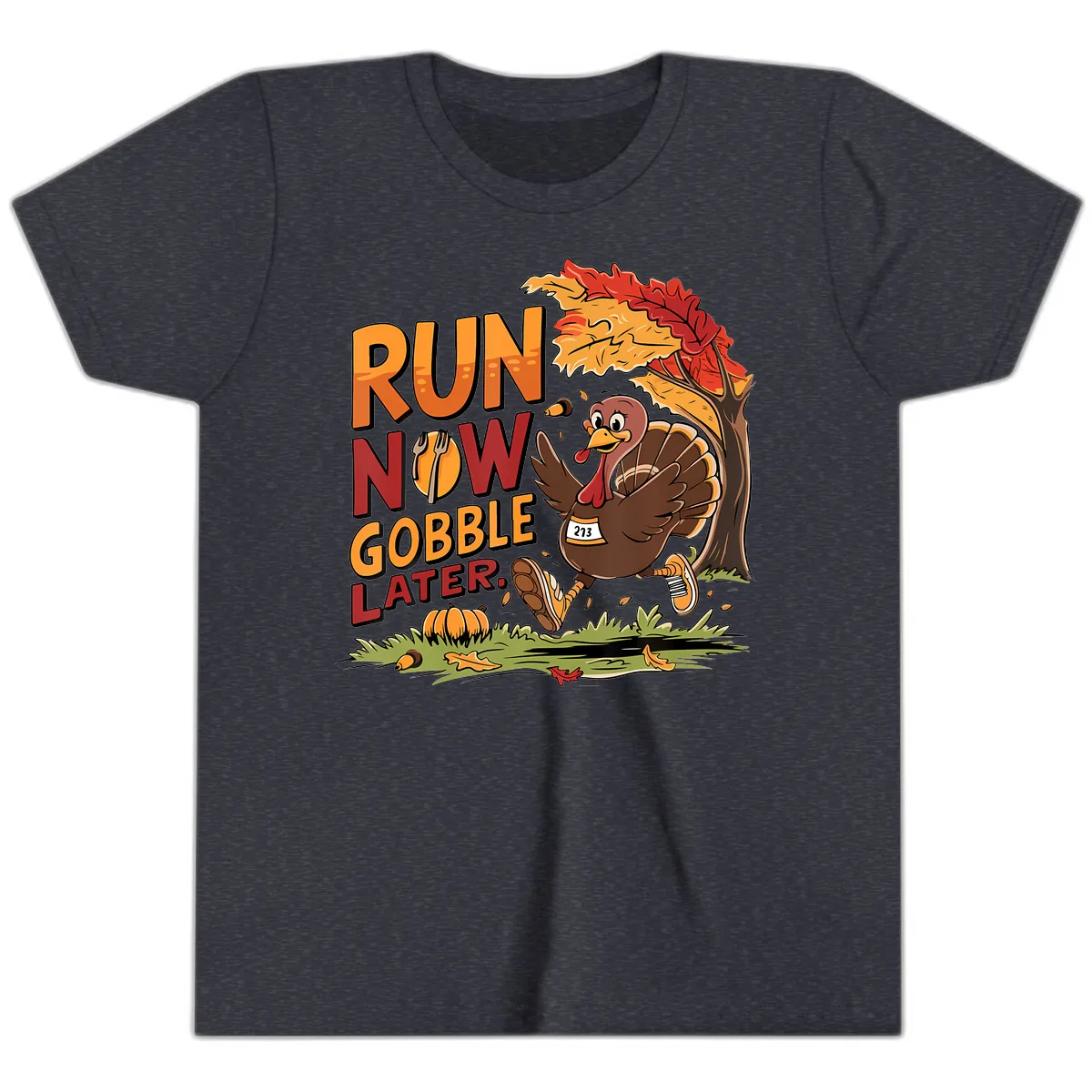 Run Now Gobble Later Turkey Trot Youth T-Shirt in Heather Navy