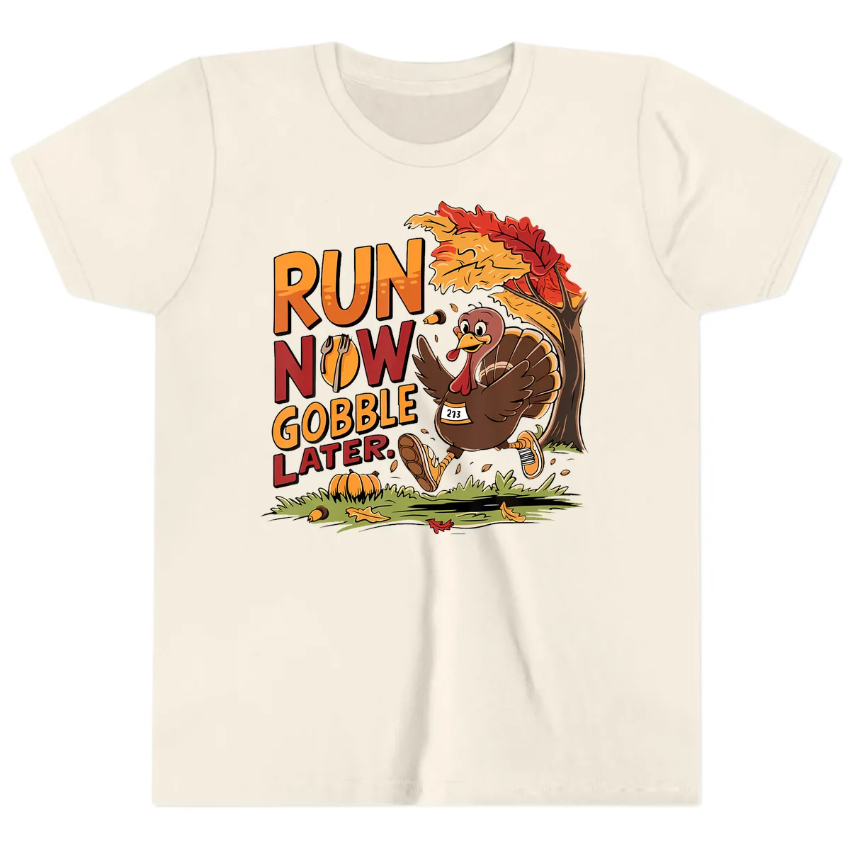 Run Now Gobble Later Turkey Trot Youth T-Shirt in Natural