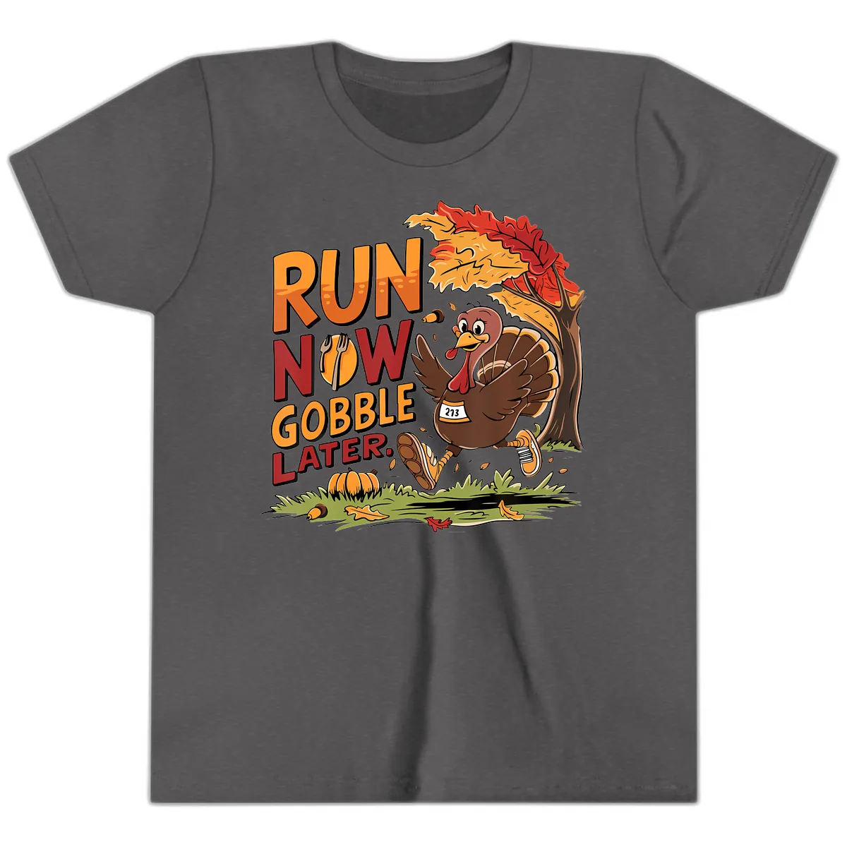 Run Now Gobble Later Turkey Trot Youth T-Shirt in Dark Heather Grey