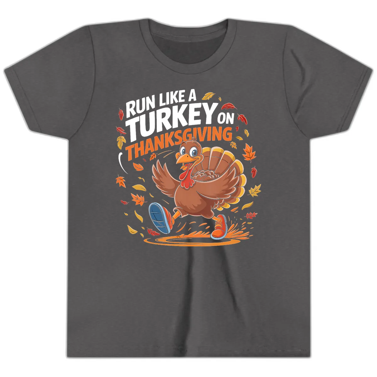 Run Like A Turkey Thanksgiving Trot Youth T-Shirt in Dark Heather Grey