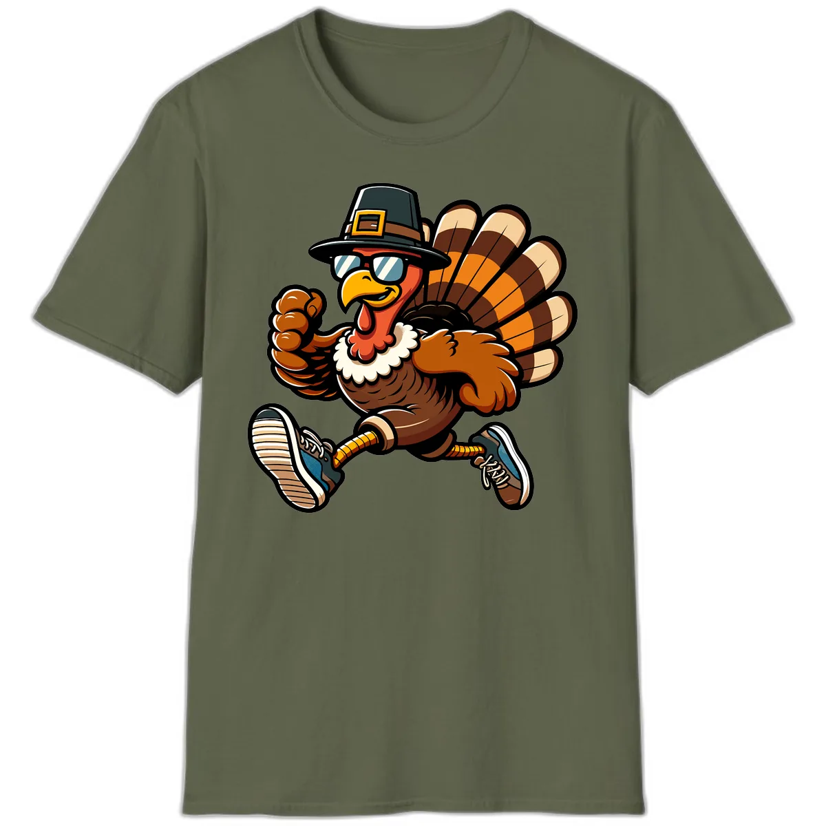 Running Turkey Trot Pilgrim T-Shirt in Military Green