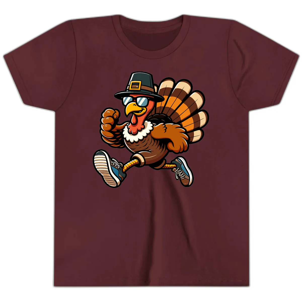 Running Turkey Trot Pilgrim Youth T-Shirt in Maroon
