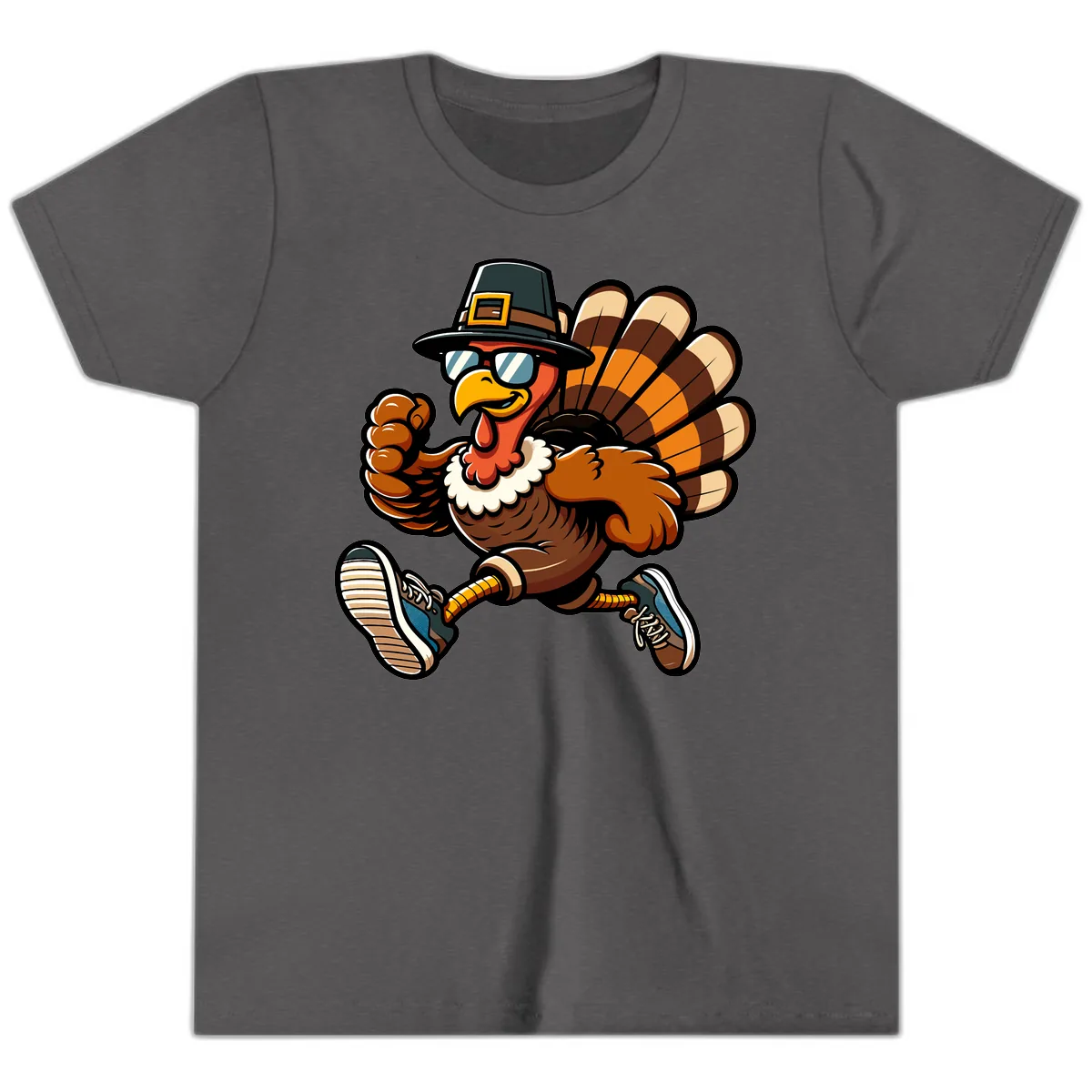 Running Turkey Trot Pilgrim Youth T-Shirt in Dark Heather Grey
