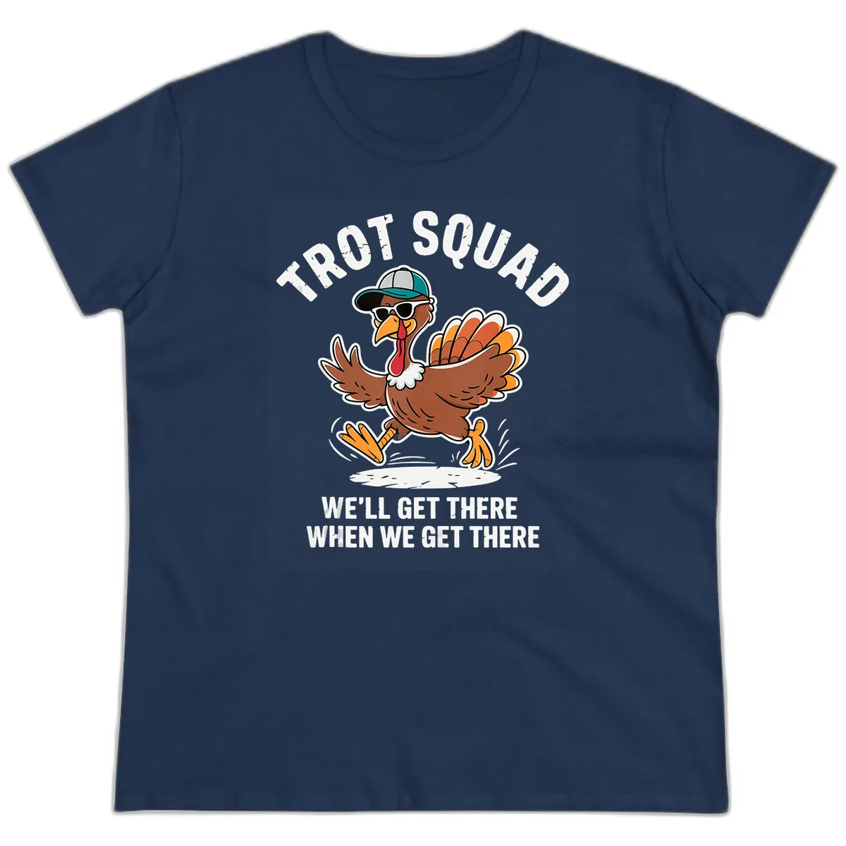 Turkey Trot Squad Running Turkey Ladies Tee in Navy