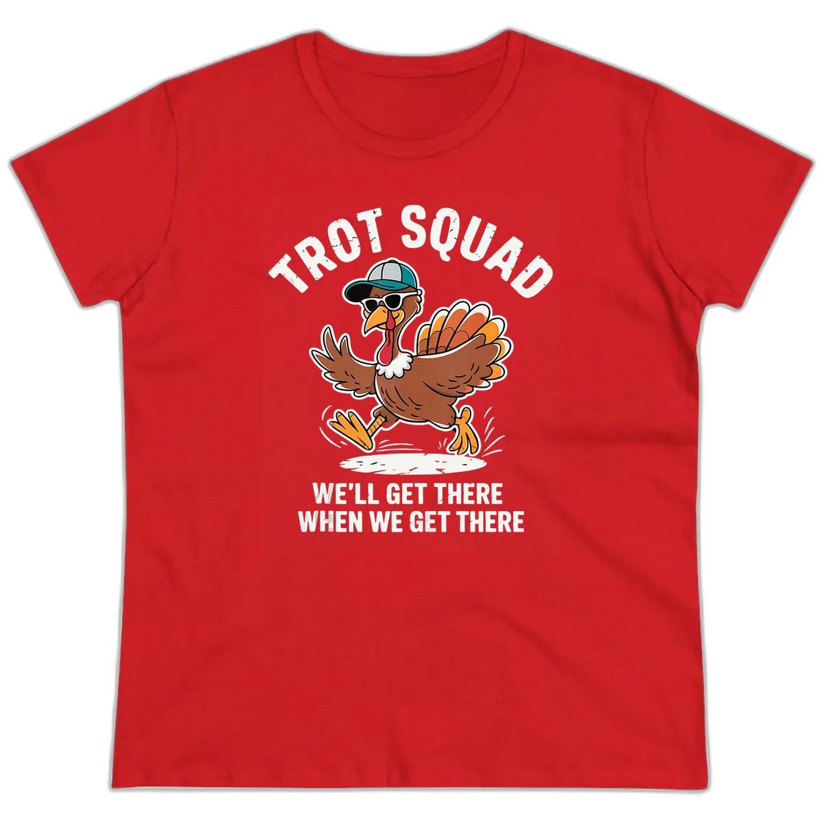 Turkey Trot Squad Running Turkey Ladies Tee in Red