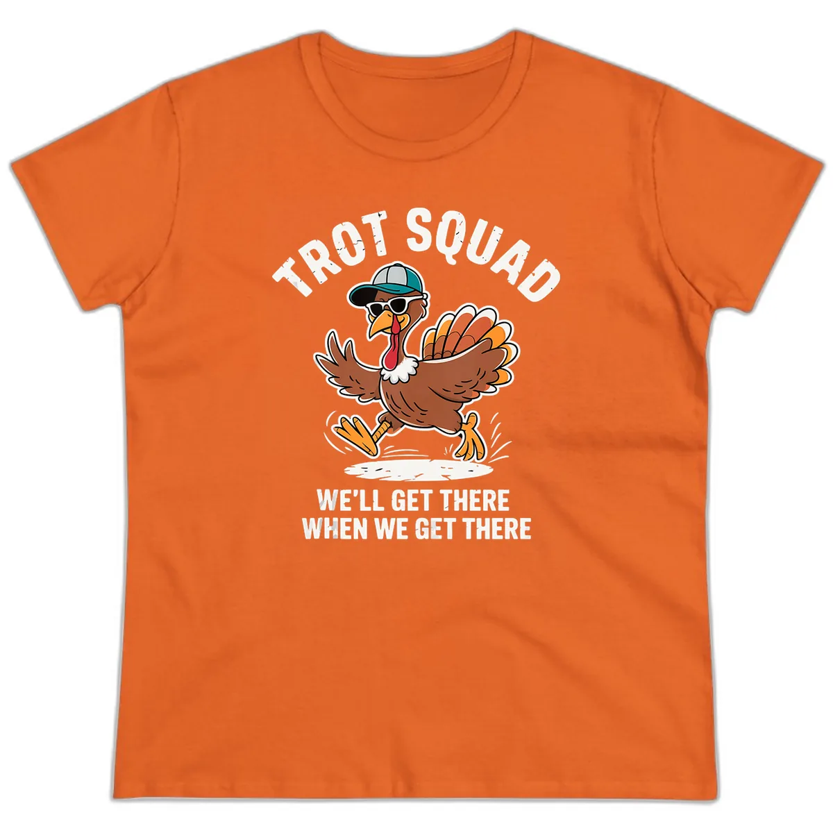 Turkey Trot Squad Running Turkey Ladies Tee in Orange