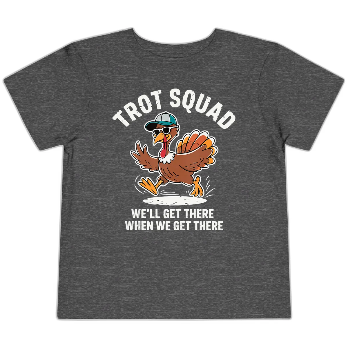 Turkey Trot Squad Running Turkey Toddler T-Shirt in Dark Heather Grey