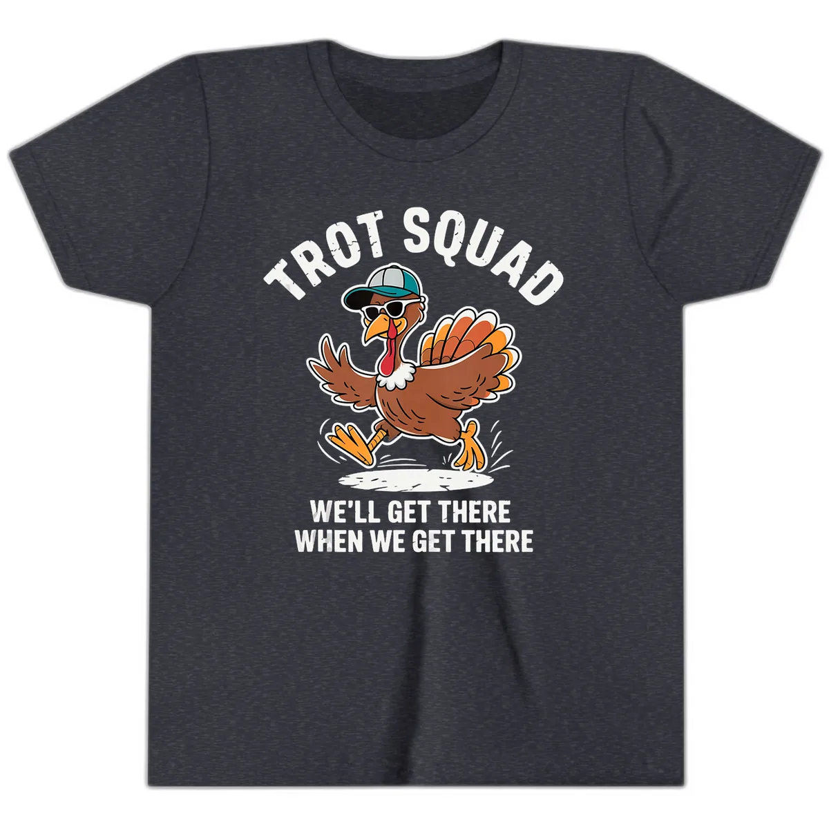 Turkey Trot Squad Running Turkey Youth T-Shirt in Heather Navy