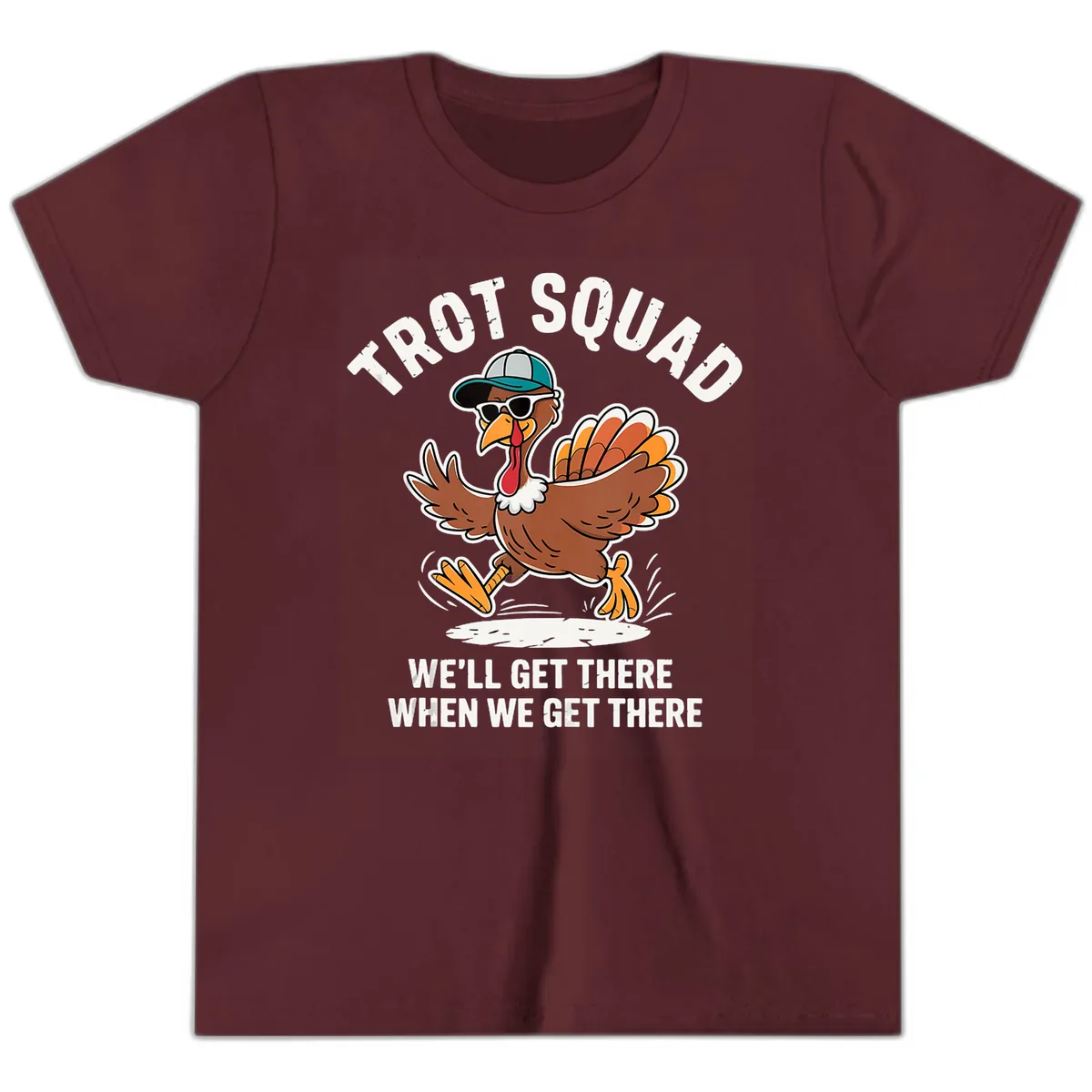 Turkey Trot Squad Running Turkey Youth T-Shirt in Maroon