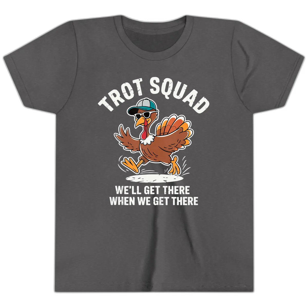 Turkey Trot Squad Running Turkey Youth T-Shirt in Dark Heather Grey