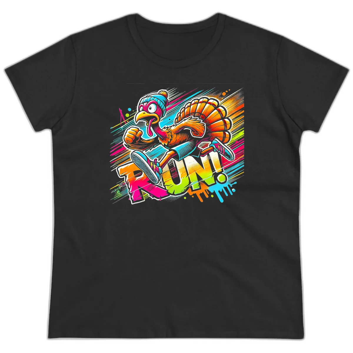 Turkey Trot Running Art Ladies Tee in Black