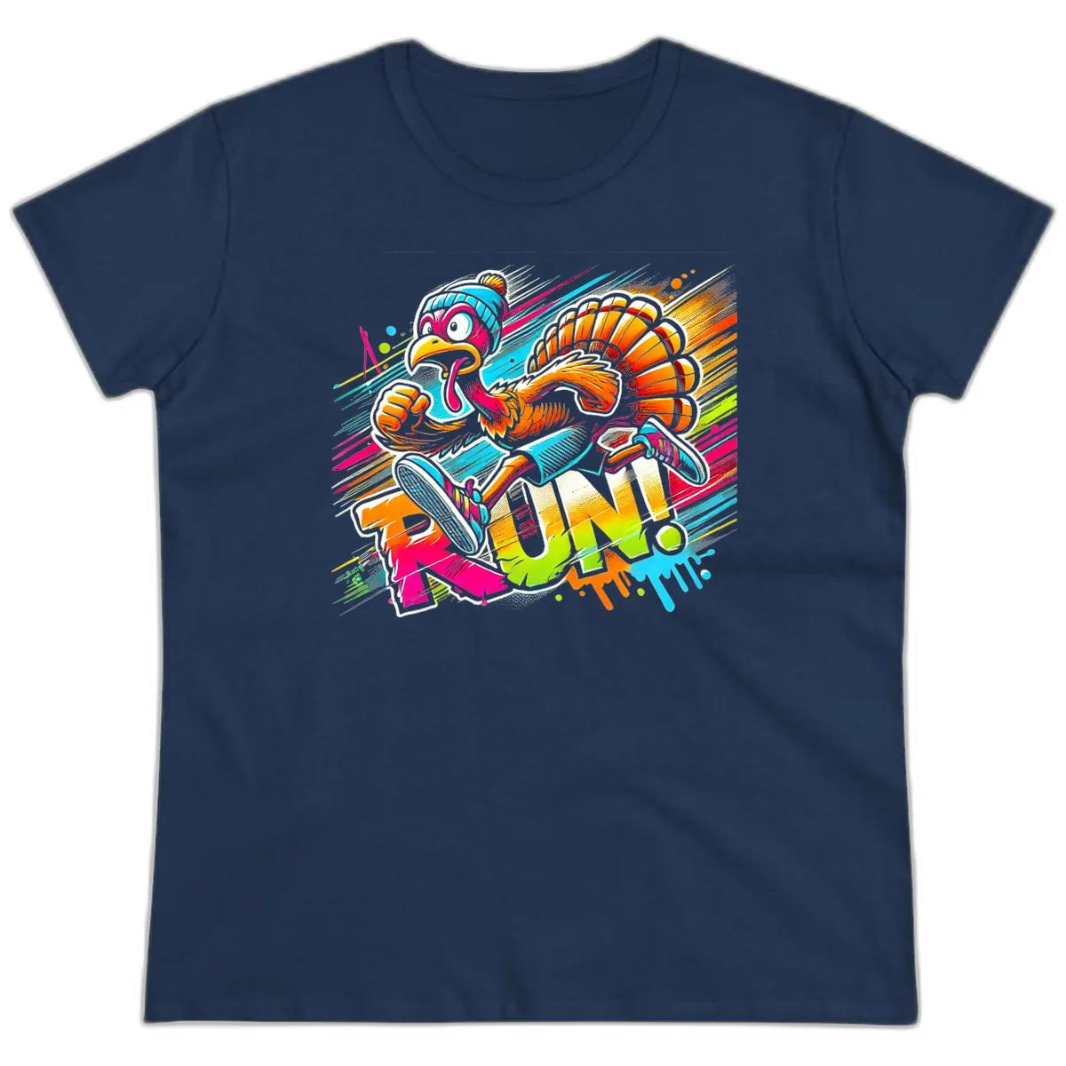 Turkey Trot Running Art Ladies Tee in Navy