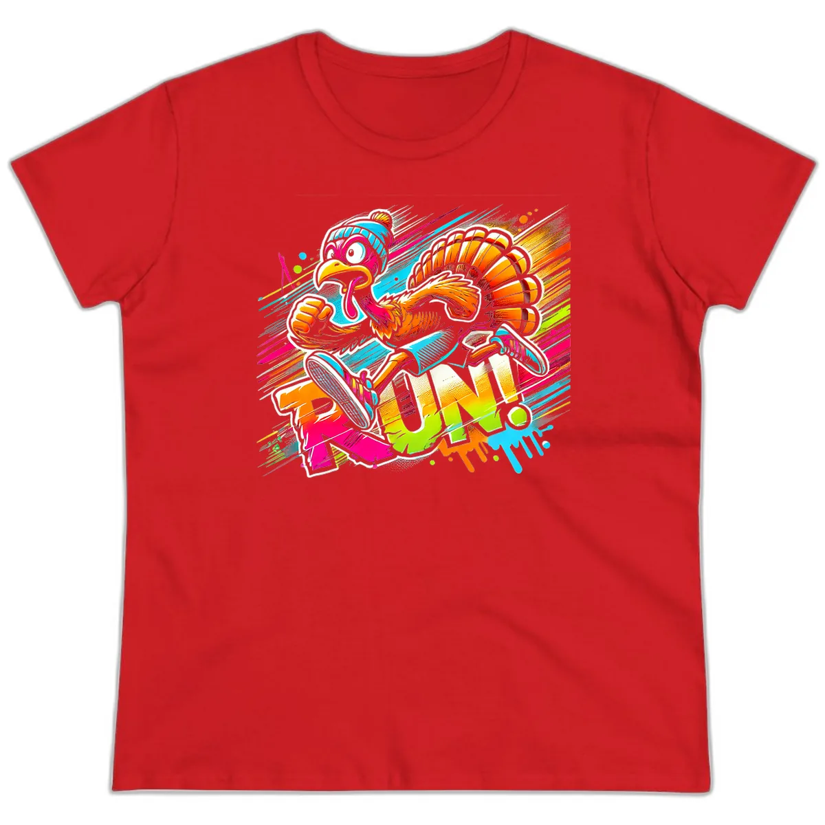 Turkey Trot Running Art Ladies Tee in Red