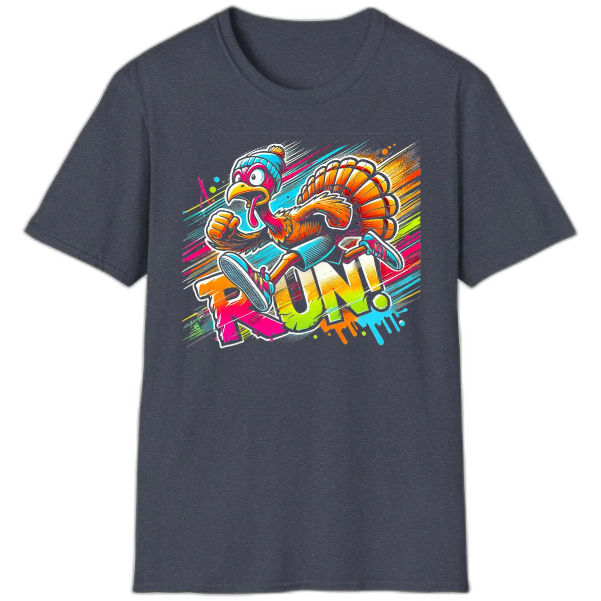 Turkey Trot Running Art T-Shirt in Heather Navy