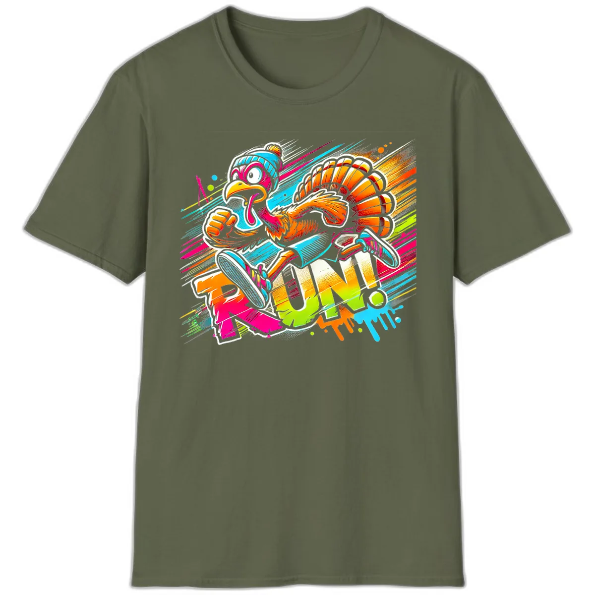 Turkey Trot Running Art T-Shirt in Military Green