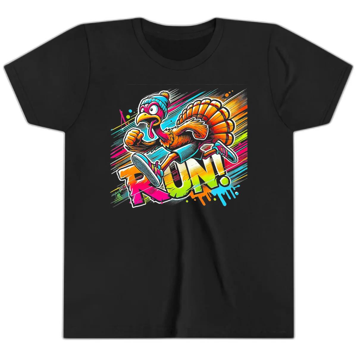 Turkey Trot Running Art Youth T-Shirt in Black
