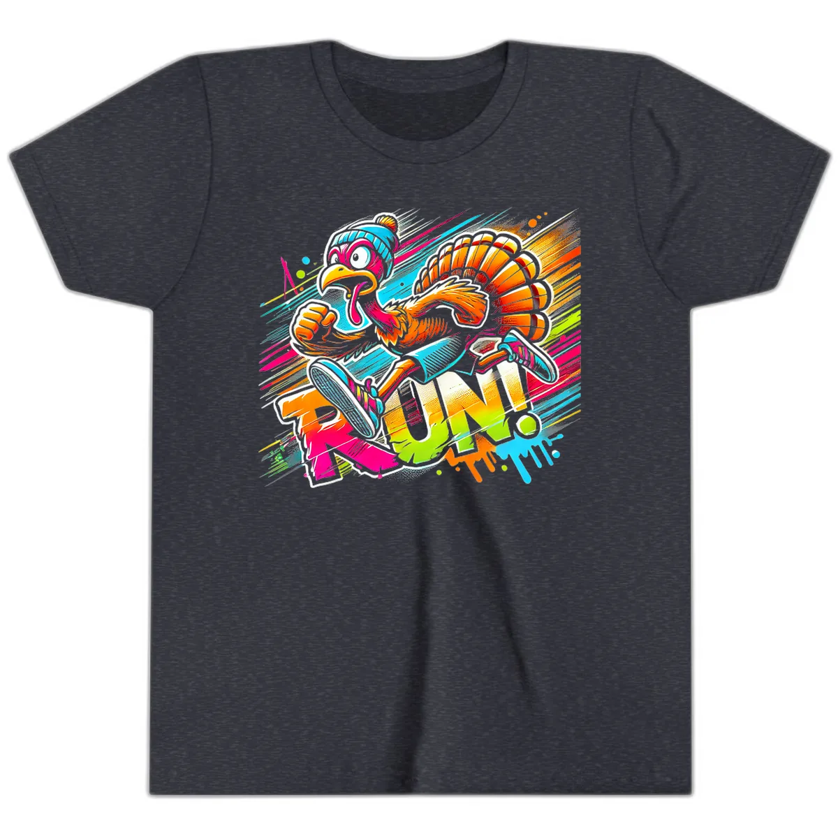Turkey Trot Running Art Youth T-Shirt in Heather Navy