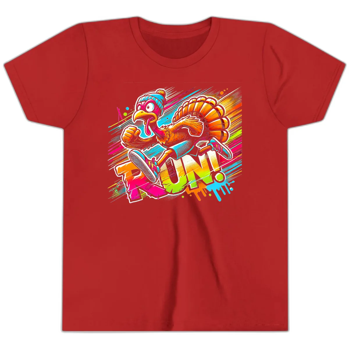 Turkey Trot Running Art Youth T-Shirt in Red
