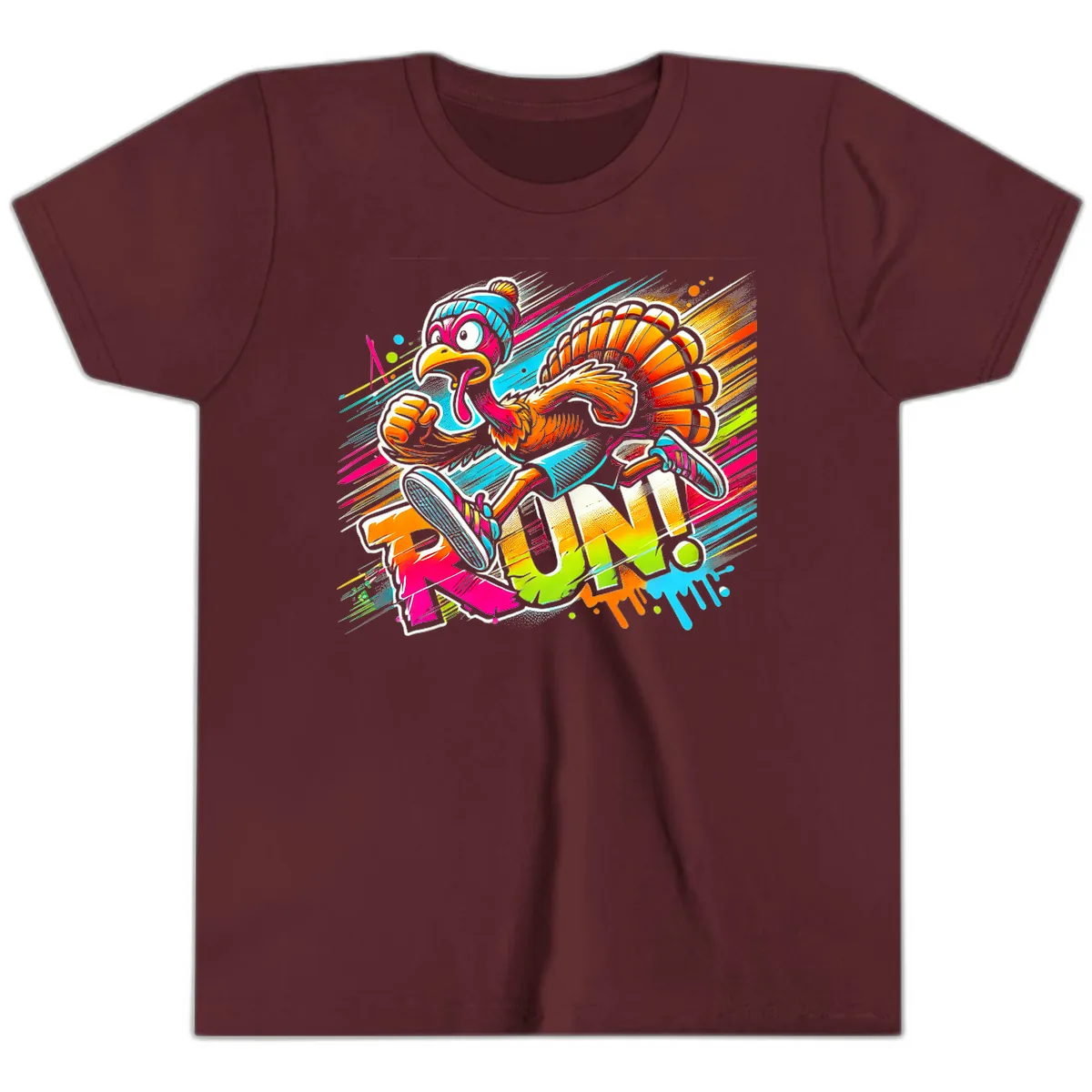 Turkey Trot Running Art Youth T-Shirt in Maroon
