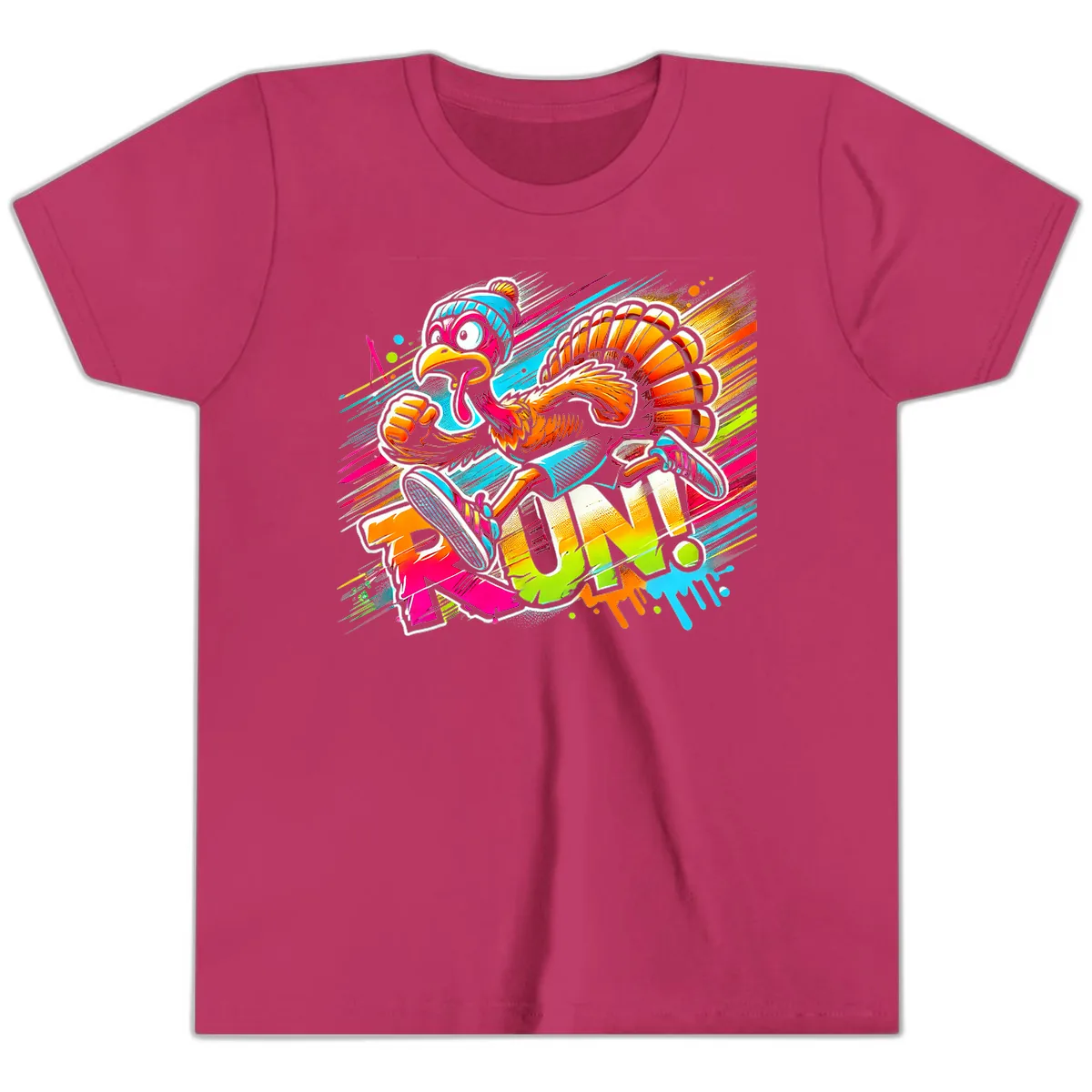 Turkey Trot Running Art Youth T-Shirt in Berry