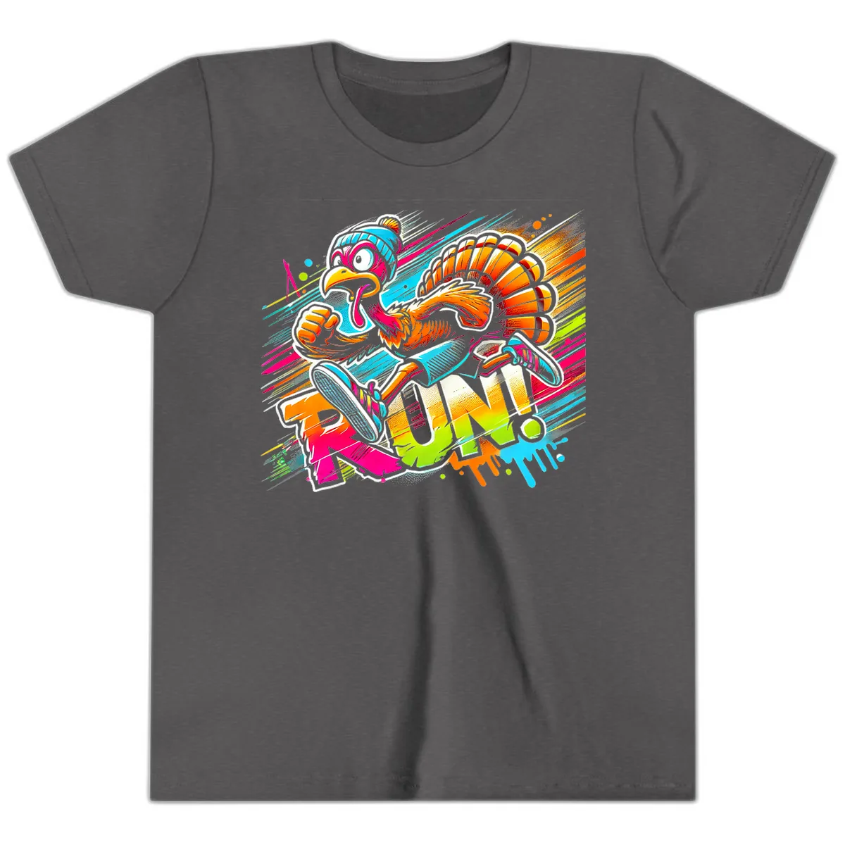 Turkey Trot Running Art Youth T-Shirt in Dark Heather Grey