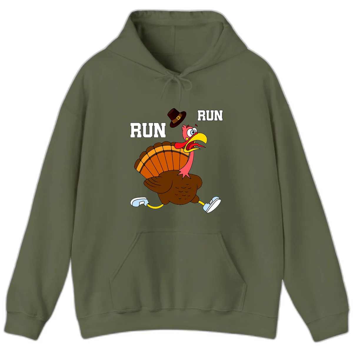 Turkey Trot Running Away From Dinner Hoodie in Military Green