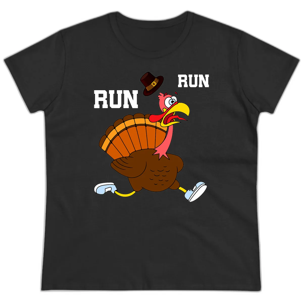 Turkey Trot Running Away From Dinner Ladies Tee in Black