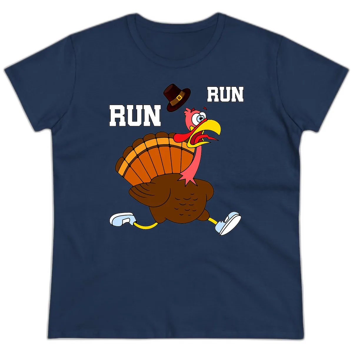 Turkey Trot Running Away From Dinner Ladies Tee in Navy