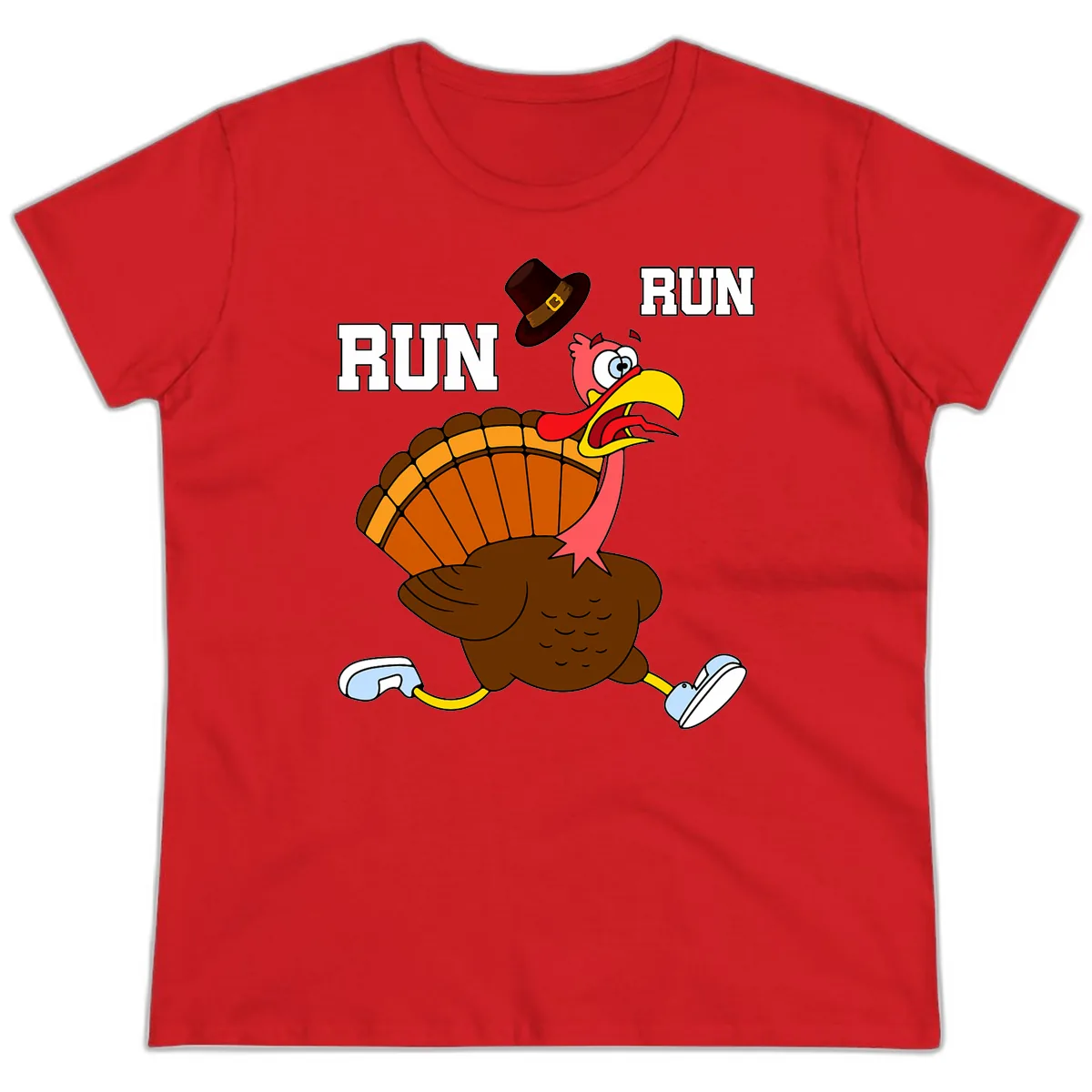Turkey Trot Running Away From Dinner Ladies Tee in Red