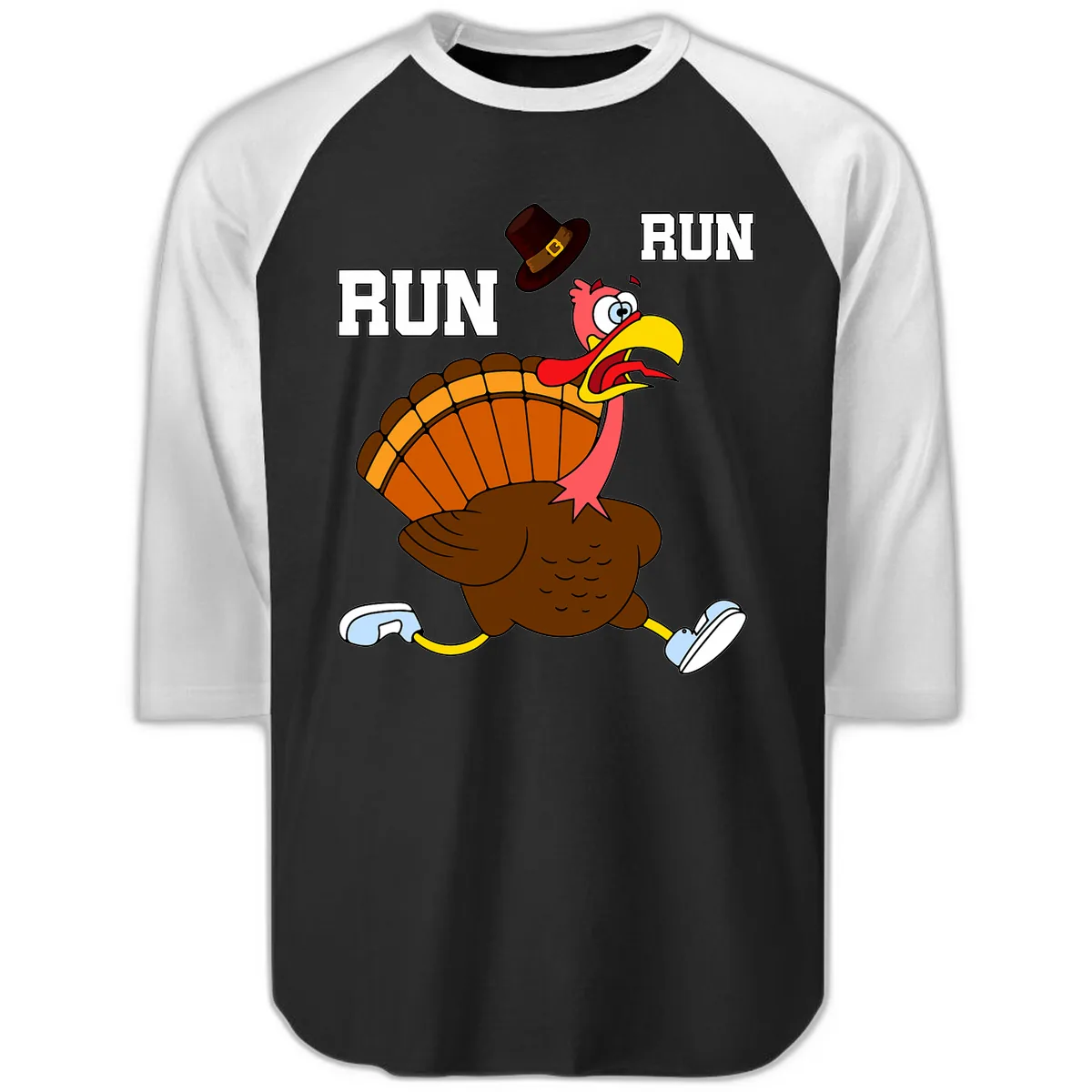 Turkey Trot Running Away From Dinner Raglan 3/4 in Black White