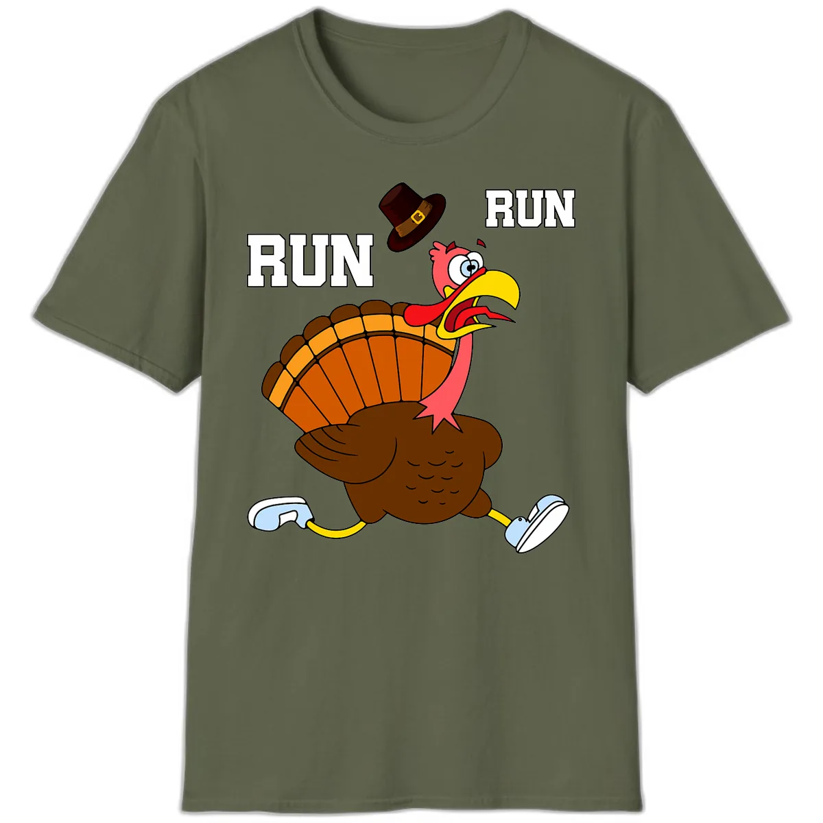 Turkey Trot Running Away From Dinner T-Shirt in Military Green