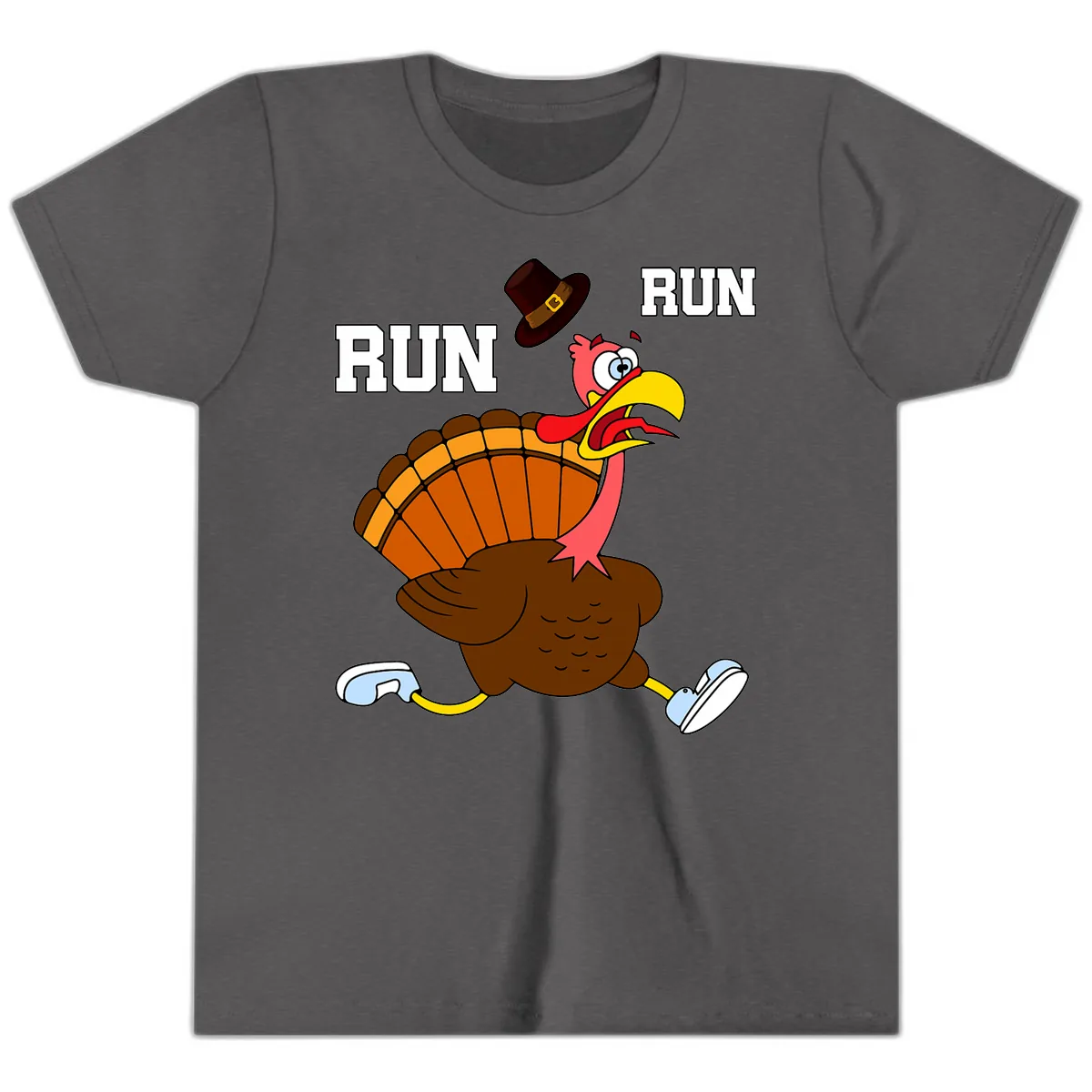 Turkey Trot Running Away From Dinner Youth T-Shirt in Dark Heather Grey
