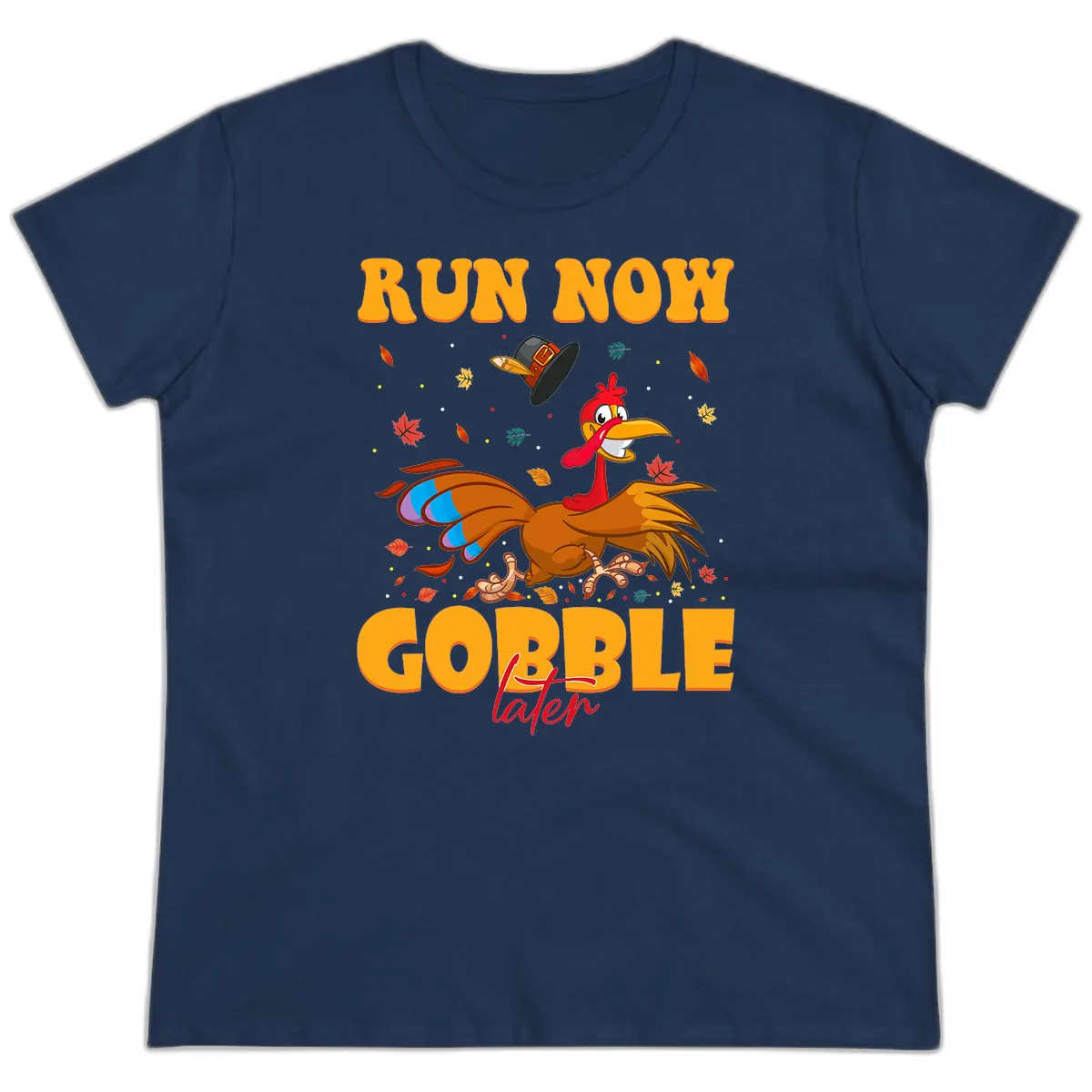 Run Now Gobble Later Turkey Trot Ladies Tee in Navy