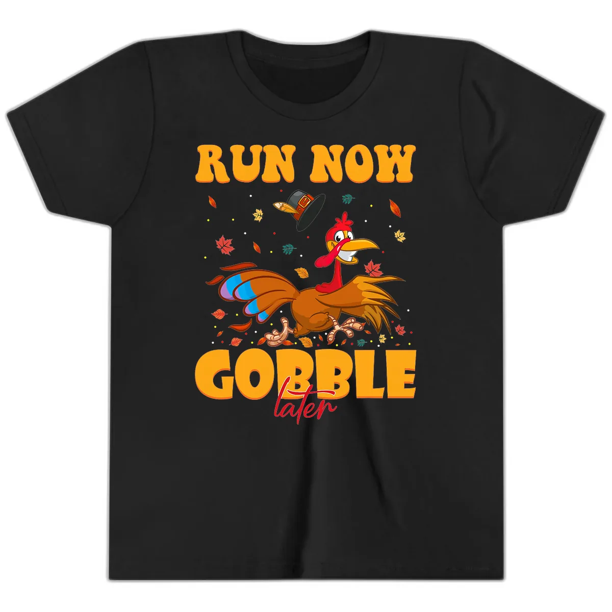 Run Now Gobble Later Turkey Trot Youth T-Shirt in Black