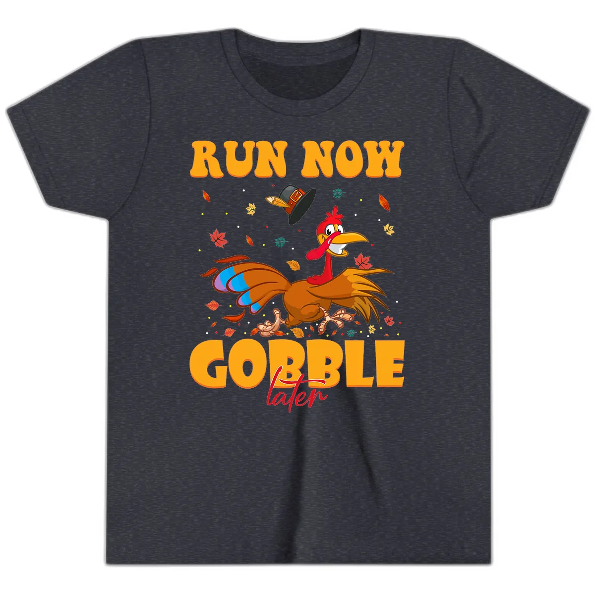 Run Now Gobble Later Turkey Trot Youth T-Shirt in Heather Navy